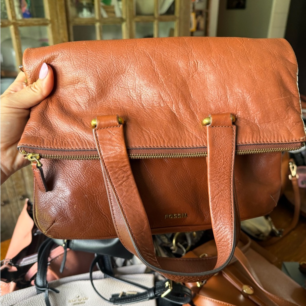 Fossil Tan Leather Fold-Over Messenger Bag